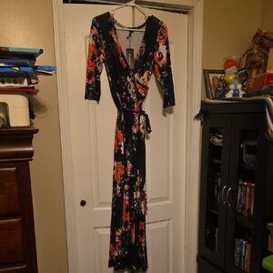 Chic Floral Wrap Dress - Navy and Orange
